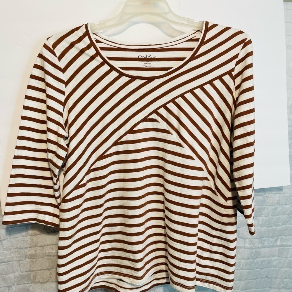 Reel Legends CORAL Bay 100% cotton striped top, size extra large. 3/4 sleeves